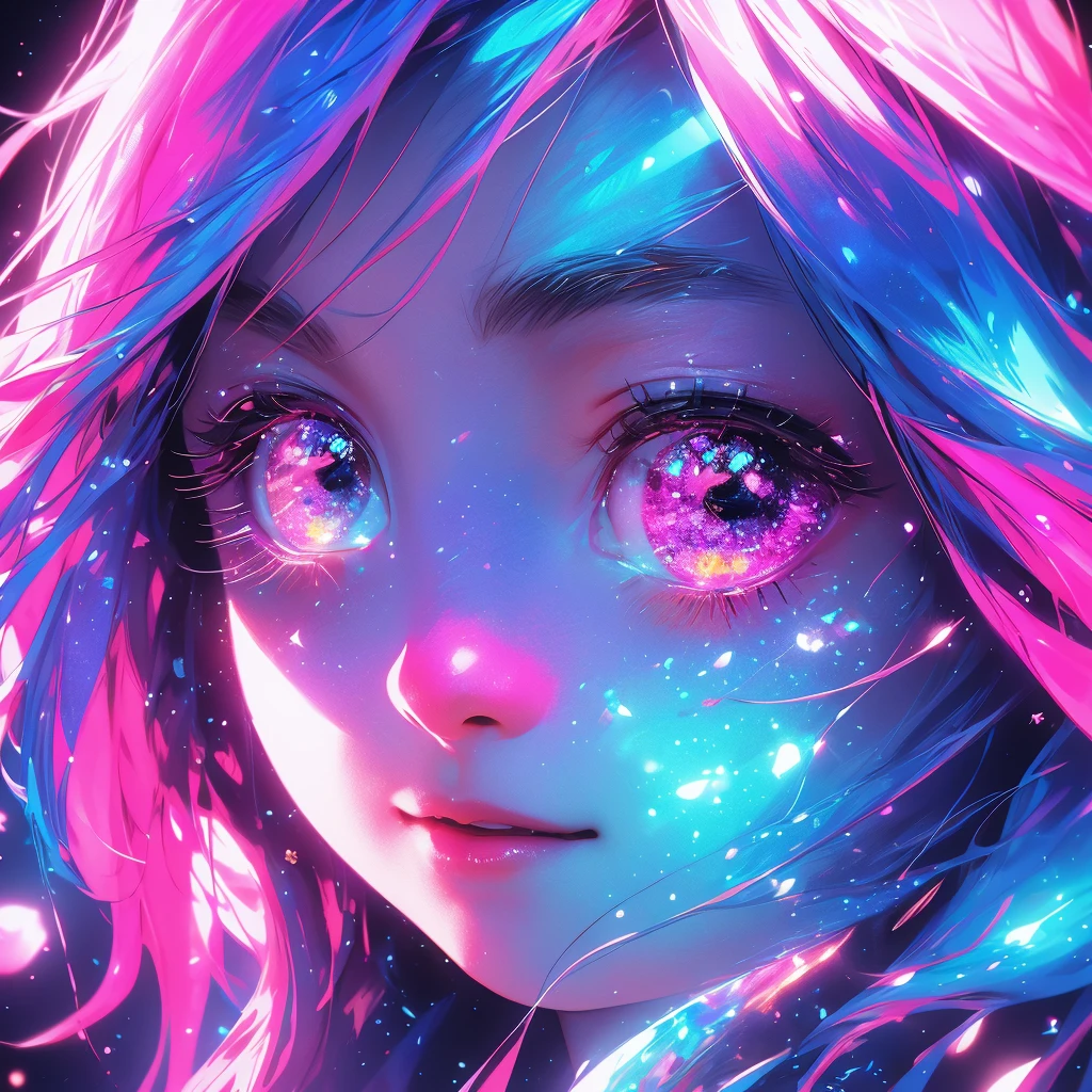 Close-up of face、Beautiful pink and blue haired girl, Fantasy magic (tmasterpiece: 1.2), (Best quality at best), 4K, ultra - detailed, (dynamic combination: 1.4), The content is very detailed, Colorful details, (Irridescent color: 1.2), (Bright lights, ambientlighting), like a dream, magical, (Alone: 1.2)