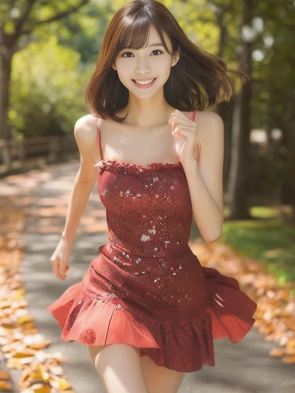 Realistic photo quality、A Japanese woman in her fifties running down a path wearing an earth-colored frilly dress, mini skirt、Gorgeous Young Japanese Woman, Beautiful young Japanese woman,  Smile, Realistic young gravure idol, Cute young woman, Slim girl model photo, Beautiful girl model、In a dress, Graceful smile pose、looking at the camera、Running along a forest path