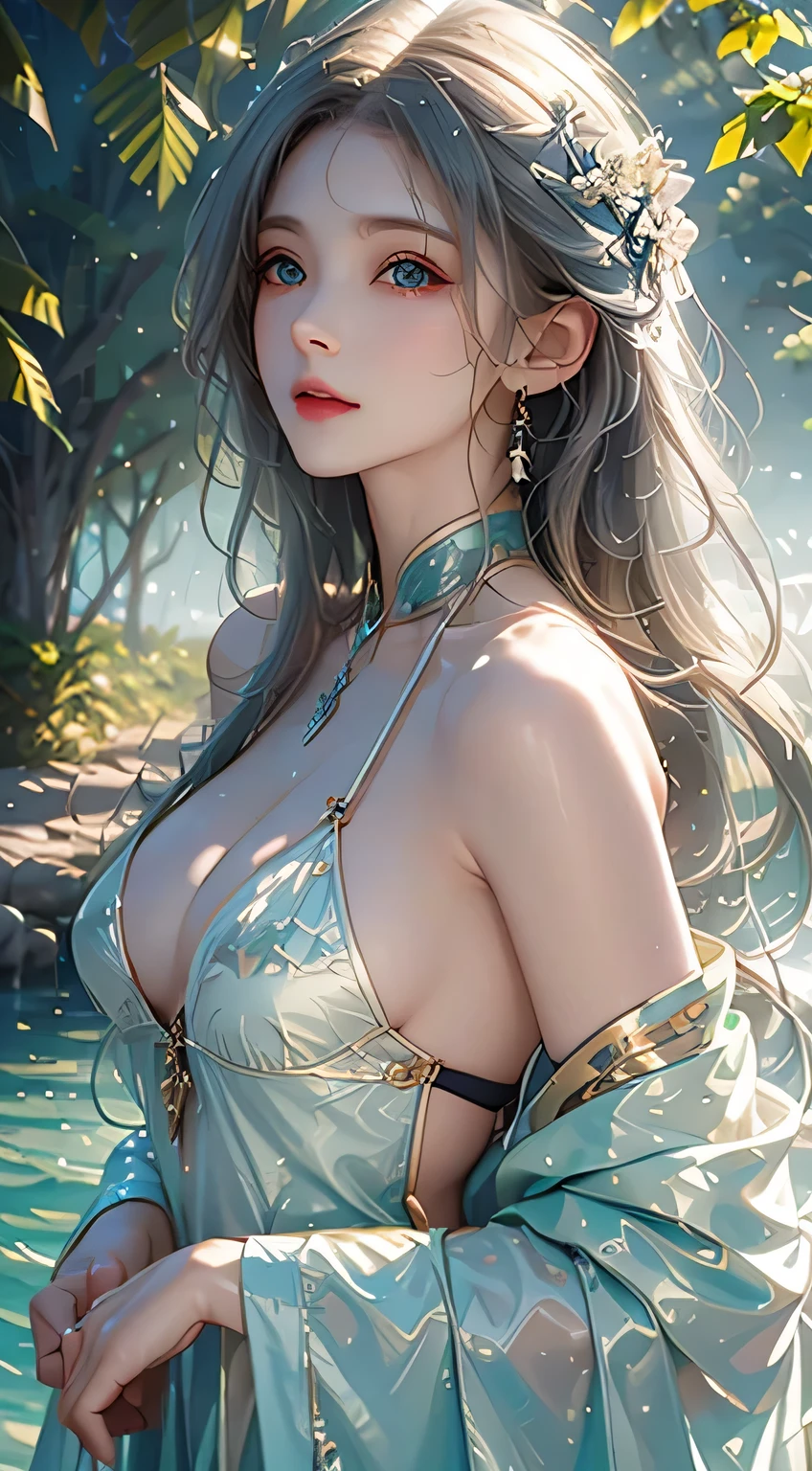 ((highest quality)), ((masterpiece)), (detailed:1.4),Realistic、 Beautiful Woman Images,High resolution(High Dynamic Range),Ray Tracing,NVIDIA,Super Resolution,tered beneath the surface of the water,PBR Textures,Post-processing,Anisotropic Filtering,Maximum depth of field resolution and crisp layer textures,Albedo and Specular Maps,Surface Shading,Accurate simulation of material interfect balance,Rendering with Octane,2-color light,Large Diameter,Low ISO,White balance,Rule 3 points、8K raw data、Beautiful white and shining skin、Gray hair that changes with light、Long bangs obstruct the view、Highlights of cheek luster、Sexy andy beautl and adorable face、The most beautiful face in the world、Super long and gorgeous white hair、Smooth straight hair、WHITE hair fluttering in the wind、big, light blue eyes shimmering、Beautiful Bangs、Beautiful cute girl 25 years old、Big cleavage、beautiful sexRealistic