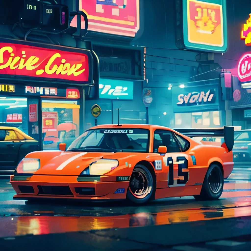 pixel art, one car drive in neon city, on the run, program, drive, cute, side view, anime, retro, arcade game, pop kart, race car, rain