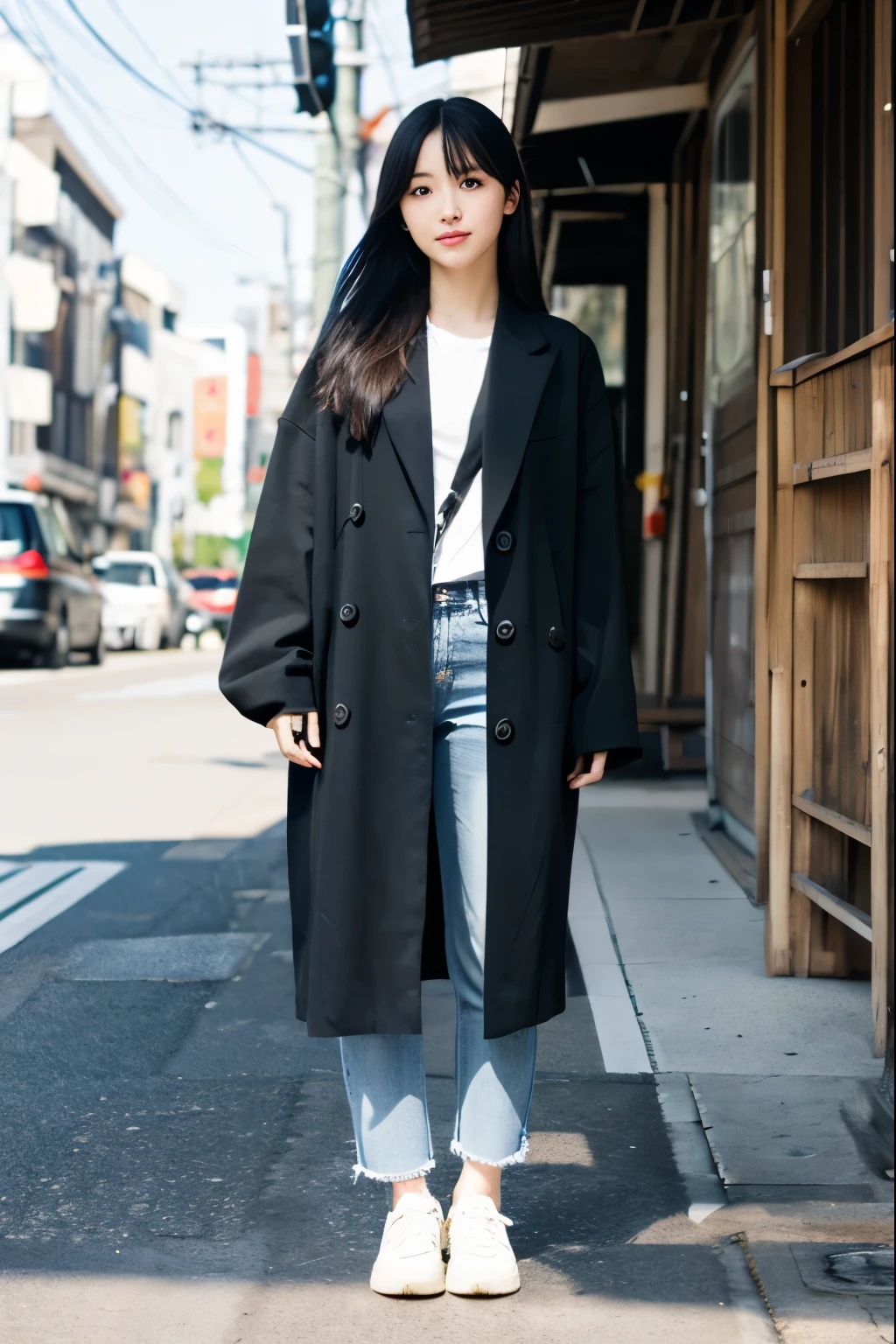 Top quality, Masterpiece:1.3, Young Japanese woman, Long Black Hair, Wearing Casual Outfit, Standing, Facing Forward, Full Body Shot, Soft Natural Light, Simple Urban Background
