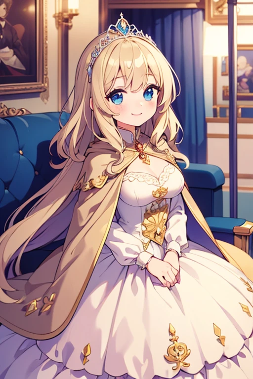 (cute),(highest quality),(Super detailed),(Rococo style),(Long train beige cape:1.15), Very long cape,(Beige ball gown with long floral train), The girl is wearing a cape over the gown, 1 Little Princess, Blue Gemstone Tiara, smile, Very long hair, Large Breasts, Beautiful fine details, Beautiful lip detail