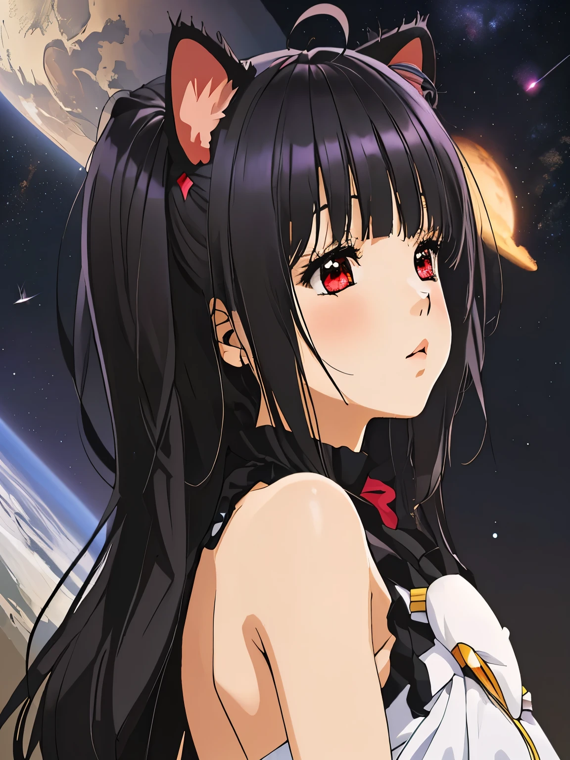 una chica gato astronauta explorando el cosmos, flotando entre planetas y estrellas, Detalle de alta calidad, ((detalle intrincado)), complex illustration, alto contraste, obra maestra de detalle de fondo intrincado, Mejor calidad,   ((anime screencap)), estilo estudio ghibli,,((long hair slightly wavy slightly past the shoulders, black bangs, small black pigtails on the sides, cute cat ears, beautiful thin red eyes,)),