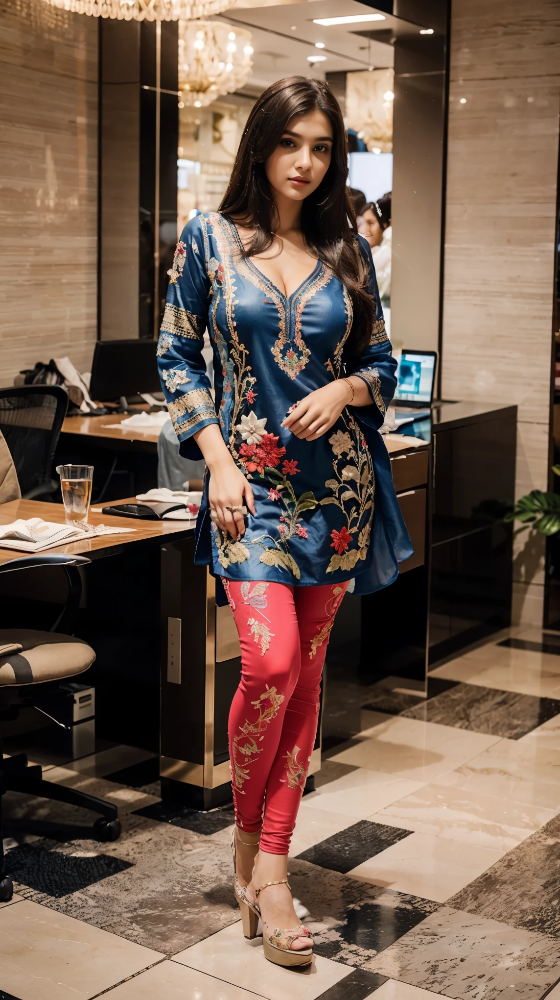 (girl in luxury office, beautiful office), 1girl, solo girl, 20 year old girl, ((full body shot:1.5)), (Masterpiece:1.5), (hyperrealistic, hyperdetailed), (looking at viewers, front view), sharpen, ultra realistic face, detailed face, detailed eyes, detailed lips, red lips, beautiful face, 16k, FHD, raw photo, pretty face mesh, intricate, extremely detailed, ultra realistic texture, smooth skin, realistic face, glow lip, very_high_resolution, perfect figure, fit body, fancy attractive hair style, fancy hair ornaments, (huge sagging breast, perky breasts, perfect rounded breasts, deep cleavage), (attractive body figure), (fancy high heel), ((embroidery fancy kurta), (embroidery kurta), embroidery luxury kurta, attractive kurta, fancy kurta, skinny sleeves, (masterpiece kurta), (luxurious kurta), fancy leggings).