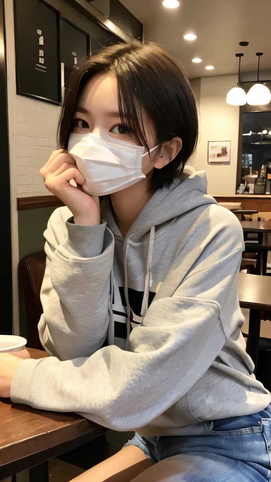 (Realistic、High resolution:1.3)、One perfect girl、Very narrow face and eyes、short hair、hoodie、Short jeans、At the cafe、Coffee on the table、Small breastouth covered by mask、 Age 25、 Unexposed