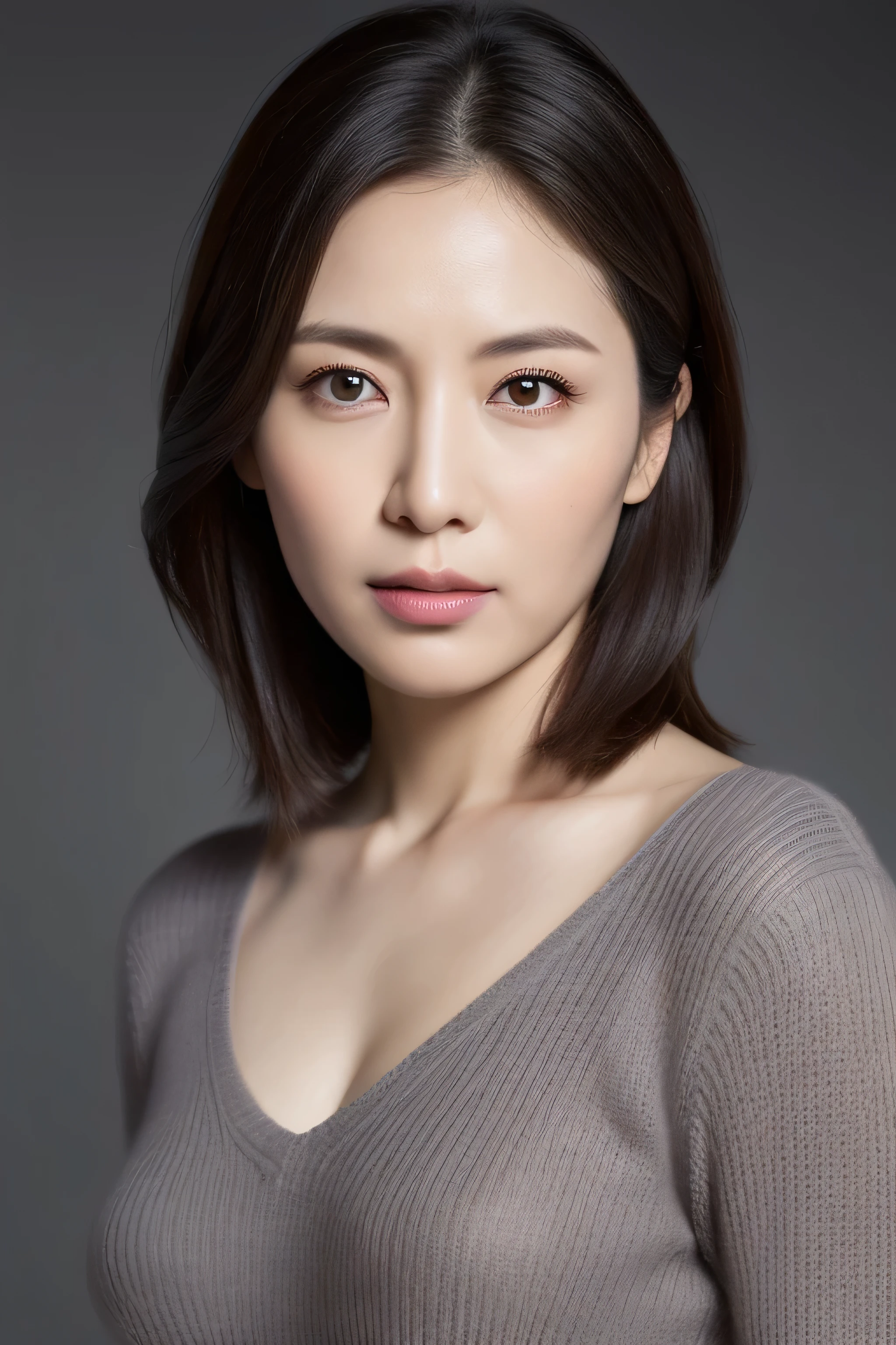 Ultra-high resolution, masterpiece, Irritated skin, Very detailed, Photorealistic, Professional Lighting, Written boundary depth, sharp, (Gray background), (Front view:1.2),(Japanese Mature, 38 year old women are sexy:1.0), Detailed face, Beautiful Eyes, bangs, Shapely large breasts, Light brown straight hair, Faint lips, (Catch Eye:1.3),((Stand in front、Look at the audience, Serious face eyes,)), (Lightweight sweater:1.0), Theta, Full body photo, Cowboy Shot,