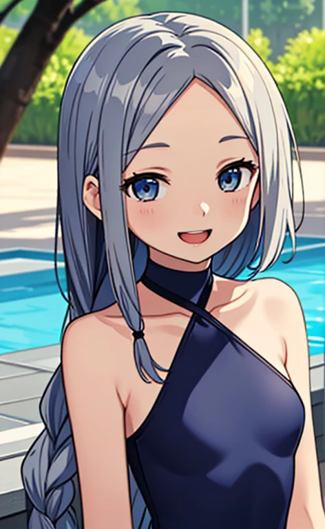 (masterpiece:1.4、top-quality、illustration:1.4,realistic、)、(character focus、breast focus,upper body:1.3)、(1girl),(Open mouth happy smile:1.3),(half closed eyes),cute face,blue eyes、()、
,(stand:1.4),(Shining smile),
,(slender),(high neck halter swimsuit:1.3),(grey long hair:1.6,forehead:1.3),(single braid:1.3), (small breasts:1.3)、
、slender、pool,、