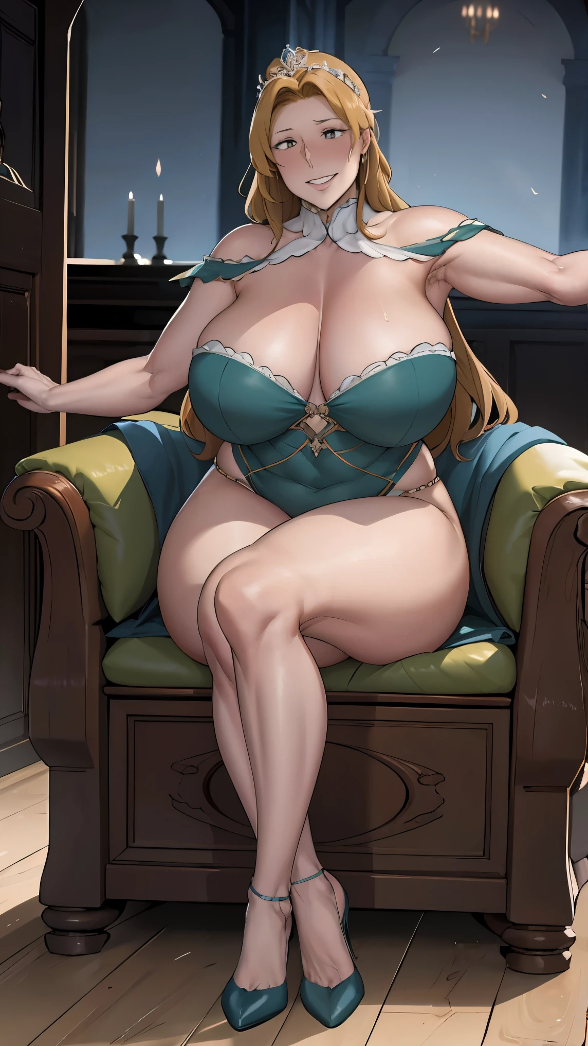 ((I am the woman whom is the sovereign ruler of the Orcish's Tribe-Kingdom - I am guarded by Orcish's brutes)), queenly green dress with extremely generous cutout, motherly-milf, soft mature expression, runnette-chestnut middle-long hair, queenly tiara, sexy sweaty glistening armpits:1.2, stilletto queenly high-heels, ((midnight)), (at isekai-fantasy castle hall at midnight), feisty woman, anime cels style, best quality, high resolution, 1girl, inspired by ntrman's work: queen who adopted a goblin, sweating, (bountiful generous breasts), swaying breasts:1.1, fleshy build, big thick arms, beautiful face, middle-long luscious brunnette-beige hair:1.1, half-lidded eyes, light-colored pupils, very thin motherly smile, [motherly face], Beautiful long legs, Beautiful body, extremely fertile motherly's body-shape, Beautiful Nose, Beautiful character design, bangs, purple eyes, ((bushy pubic hair:1.25)), sitting on the queen's throne - legs apart:1.35, (my arm is swaying hair enticingly:1.1), (looking at viewer), cowboy shot, front-view full body photo:1.1, -auto
