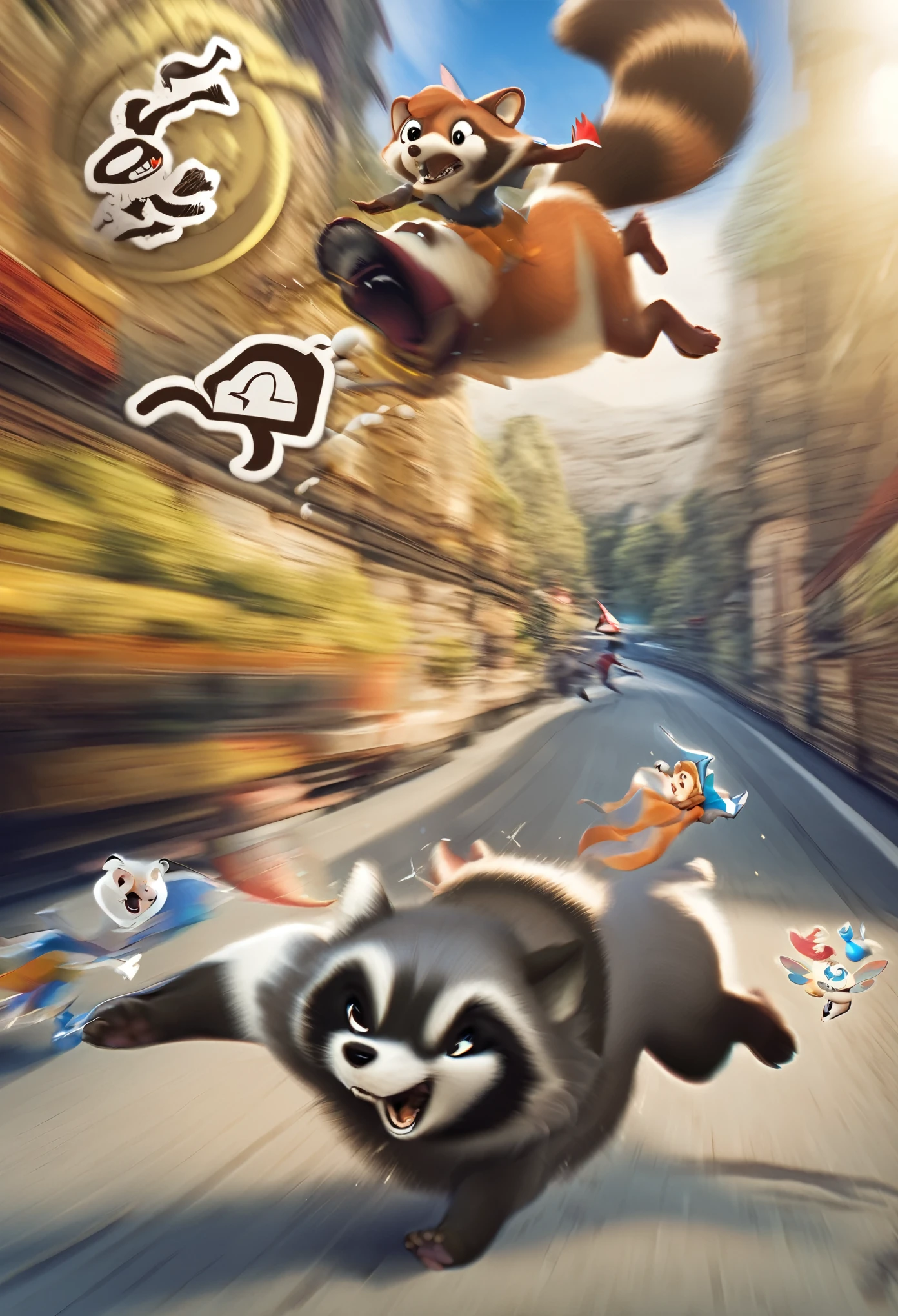 best quality, super fine, 16k, super deformed, furry, funny, fluffy, chasing, a very cute raccoon chasing, lots of pictograms running away, funny fantasy, Grimm, Andersen, Aesop, fairy tales, (motion blur:0.3), (action blur:0.3)