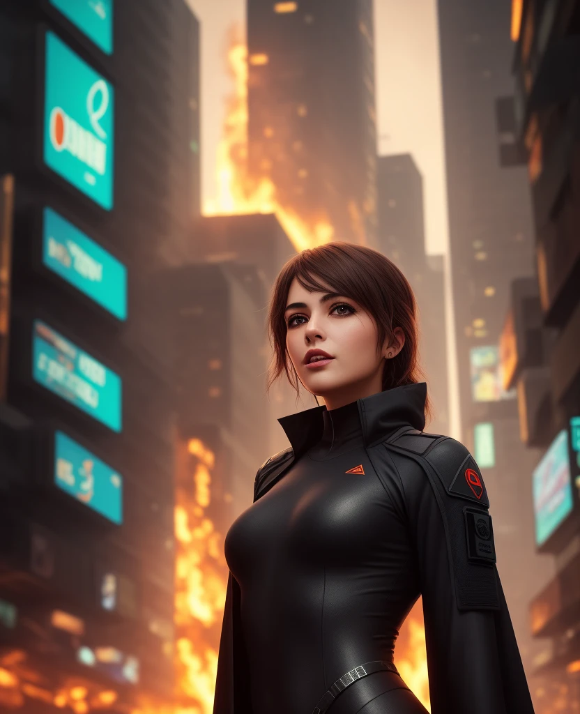 poster of brunette girl in a black tactical bodysuit and cloak in the burning night city, cyberpunk, after rain, shot from below, opened mouth, smirk, eyebrow up, in front of camera
unreal engine, adobe lightroom, soft cinematic light, photolab, hdr
hyperdetailed, ef 80mm