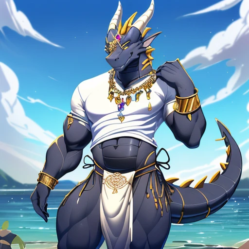 hi res,(((dragon))), ((( ))), anthro, , , ((((long loincloth)))), ((((lingerie bikini, s\ex\y bikini, side-tie panties, tiny black thong)))), (((( male, muscular male, anthro, , , )))), male, , anthro, , slim, Skinny, tail, adults, mature, (((male))), (((((((((solo))))))))) outside, plant, standing, sea, tree, (water), detailed background,by littleblackalas, cold atmosphere, open smile, soft  blush, , ((((((((wearing white tshirts)))))))), ((((((muscular thighs, thick thighs, )))))), (((((golden accessory, loincloth accessory, loincloth jewelry, jewels and ornaments for loincloth, s\ex\y loincloth, belly dancer outfit, long pelvic curtain, narrow loincloth)))))