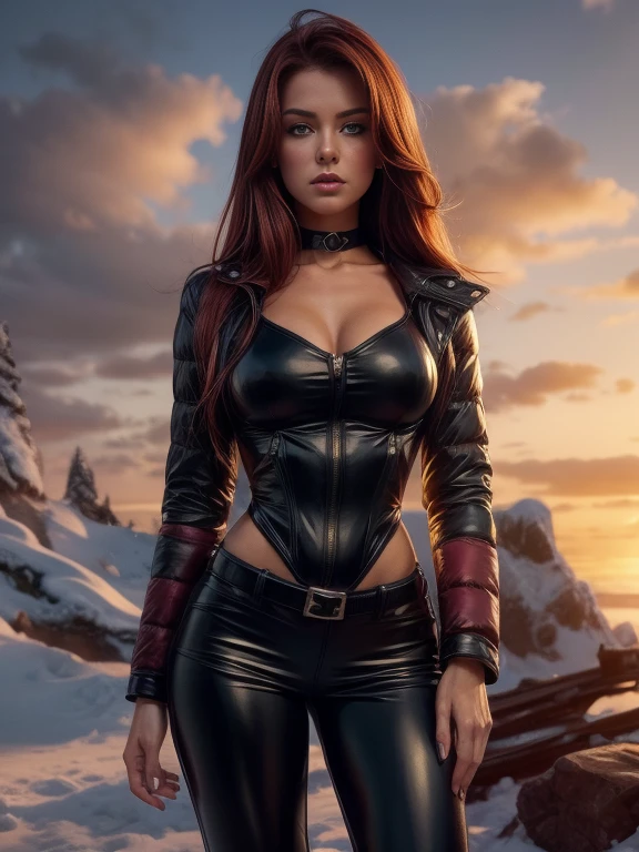 photorealism, full body, a beautiful woman with crimson hair, leather puffer down jacket & latex pants, leather choker, beautiful realistic eyes; fantastic face, beautiful look, warm dreamy lighting, white background, volumetric lighting, Alaskan resort landscape sunset background, pulp adventure style, fluid acrylic, dynamic gradients, vivid color, highly detailed, simple, smooth and clean, smooth, character design, 3d shading, cinematic, ornate patterns, elegant organic framing, hyperrealism, posterized, collection of masterpieces, lush vivid colors, twilight, wet gouache