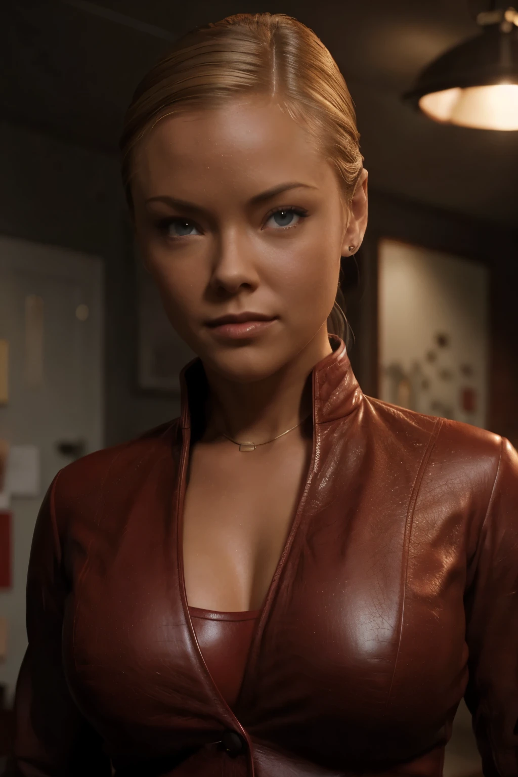 as Kristanna Loken T-X, Kristann Loken head, ultra-detailed, realistic, realistic face, perfect face, perfect nose, detailed hair, blond collected office hairstyle, detailed eyes, (best quality), in bedroom, masterpiece, ultra-detailed, uhd, high resolution, (rim lighting:1.2), two tone lighting, hyperdetailed, (artstation:1.4), cinematic, warm lights, dramatic light, (red leather leggings), (red leather jacket), big breasts, black high heel shoes,