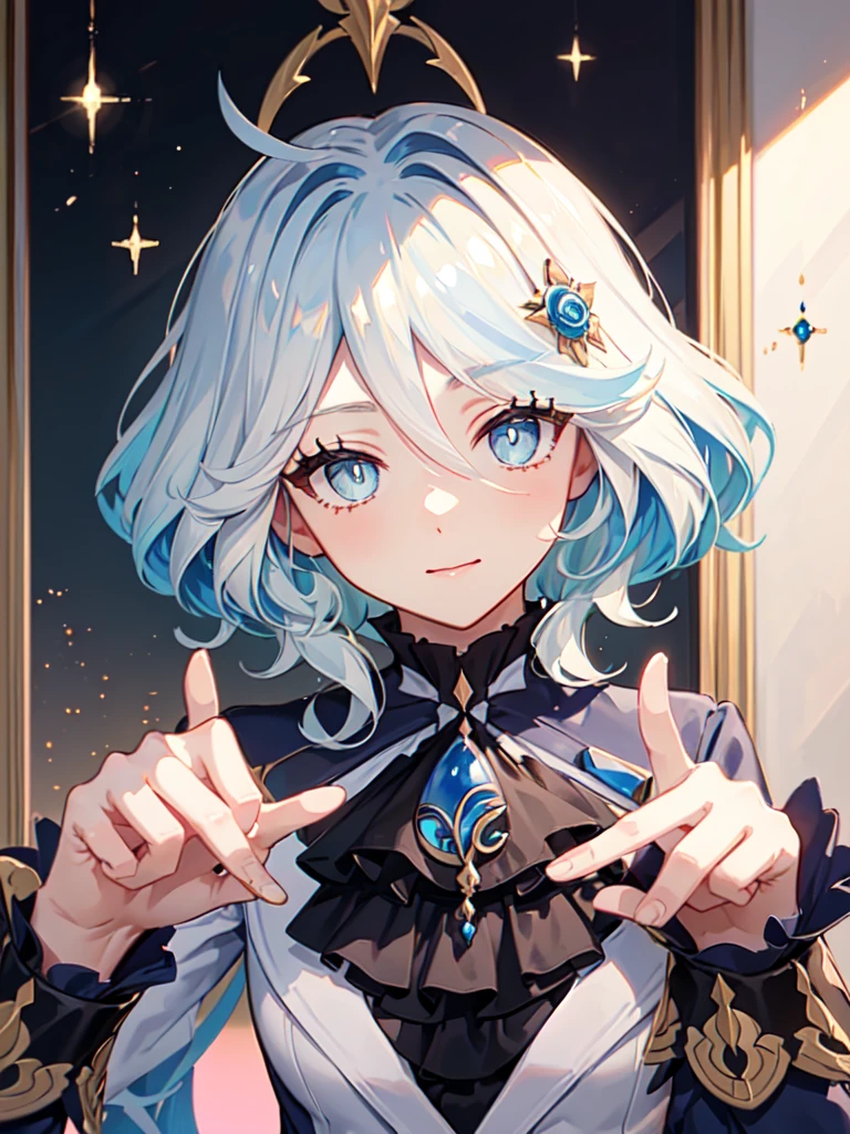 Furina, Surrealism, 8k, super detail, hydro aarchon, thicc thighs, sitting, bratty face, smug, beautiful eyes, masterpiece, High resolution, 8K, anime woman, Delicate and detailed writing 、Detailed digital illustration、(((Genshin impact))、Shiny hair、a very beautiful woman、High image quality, High quality、Detailed background、The inside of the eye shines like a diamond、(((Blue hair)))、(((swept bangs)))、Gradient pupil、(((2 arms、4 fingers, 1 thumb)))、Detailed female face、a very beautiful woman、、Detailed background、masterpiece、Soft Focus , Bright gradient watercolor , Lens Flare , (((Glitter))) , Glow , Dreamy ,、((Very beautiful light blue rose hair accessories)), Luxury room background