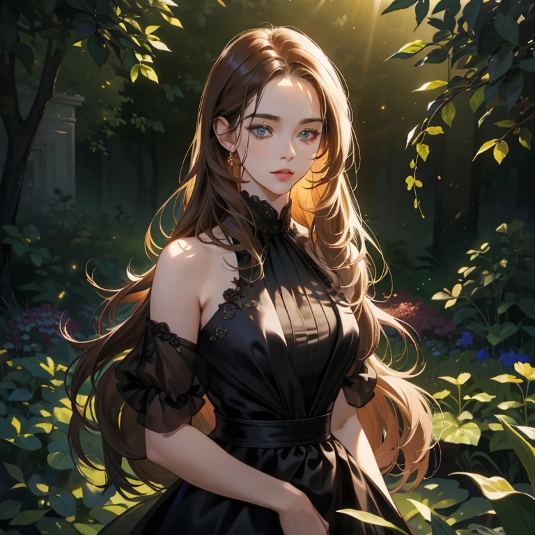 Masterpiece, high quality, best quality, HD, realistic, perfect lighting, detailed body, 1 woman, perfect eyes, long hair, brown tie Hair, glowing, black gown dress, morning garden background.