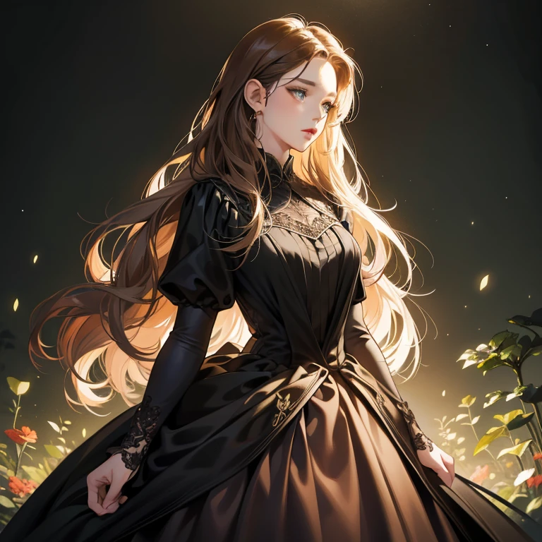 Masterpiece, high quality, best quality, HD, realistic, perfect lighting, detailed body, 1 woman, perfect eyes, long hair, brown tie Hair, glowing, black gown dress, morning garden background.