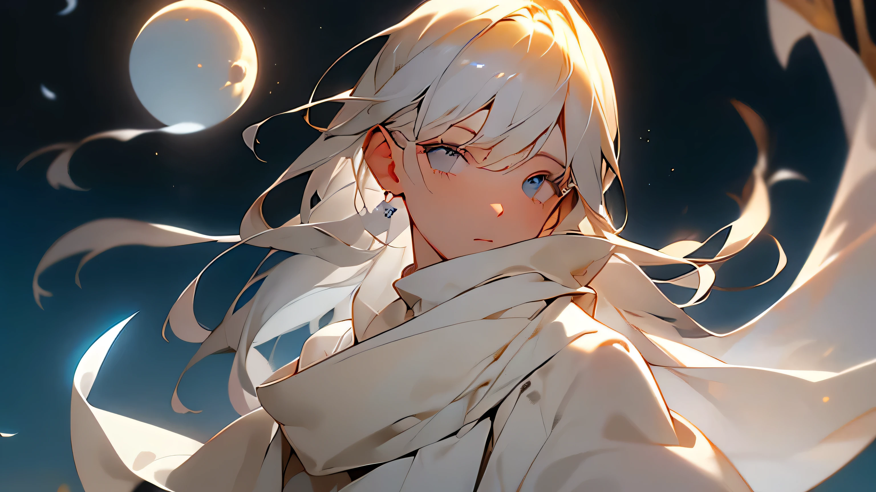 White cloth ghost Flying in the night sky A full moon filling the entire field of vision Shrine grounds Backlit by the moon The ghost's hair is brown One strand of hair is covering the entire face