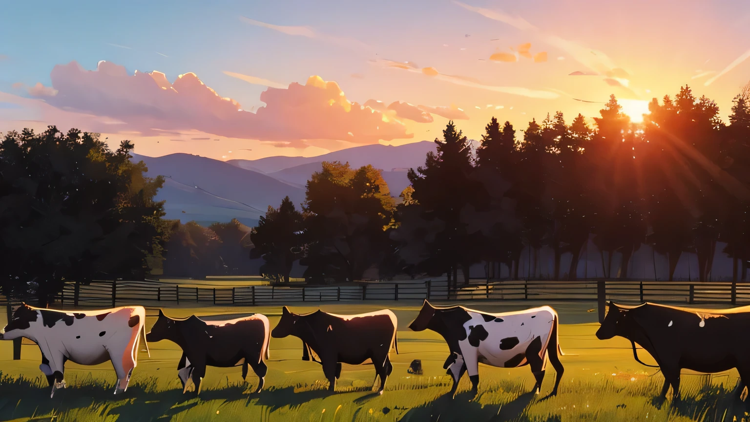 Cows in a field with the sun setting behind them - SeaArt AI
