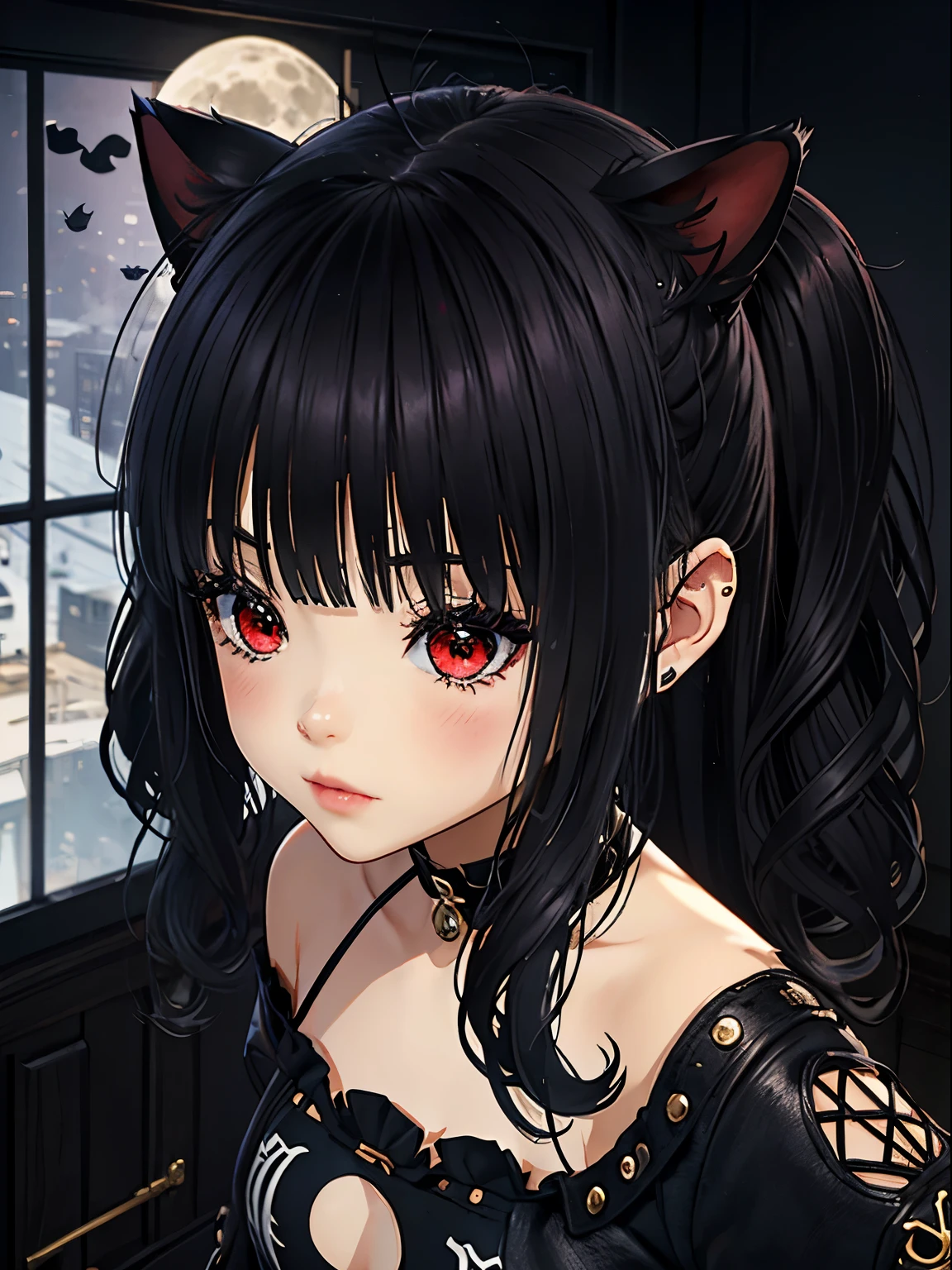 a 20 year old woman、,((long hair slightly wavy slightly past the shoulders, black bangs, small black pigtails on the sides, cute cat ears, beautiful thin red eyes,)),(masterpiece:1.4)、(de primera calidad:1.4)、(cara real:1.2)、(piel de aspecto real:1.1)、super high resolution、Un hiperrealista、alto detalle、Brown eyes、Bob corto de pelo negro、pendientes、camisa de cuello negro、falda por el、(pechos enormes:1.5)、Stand looking forward、Una sonrisa、en la azotea、la noche、super giant moon、More than half of the screen is the moon.、escena nocturna