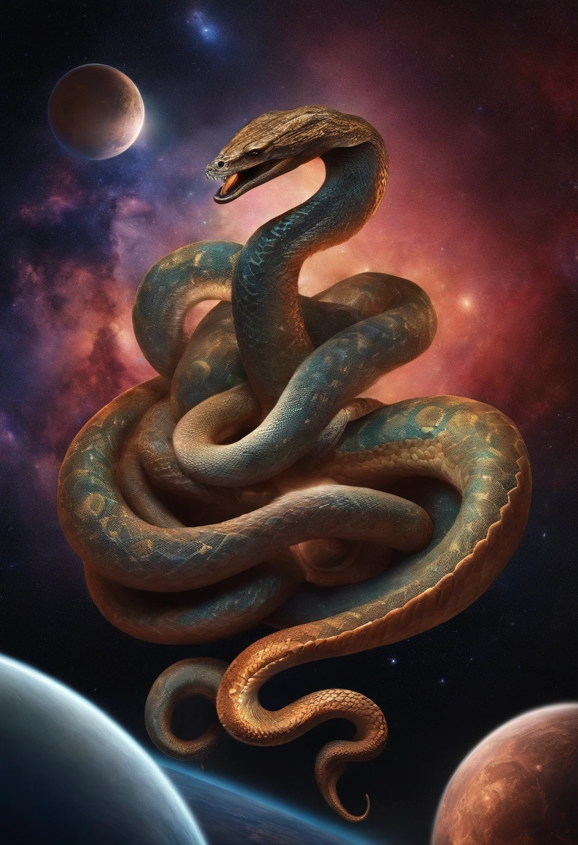 Cosmic god with the appearance of a multi-headed snake, curling up on multiple planets