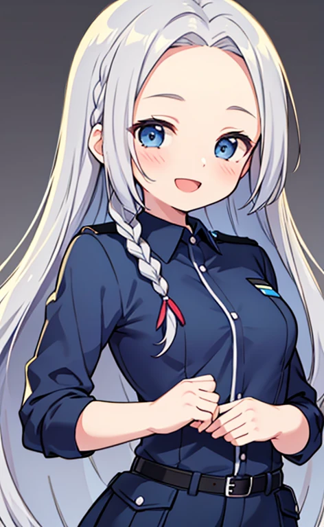 (masterpiece:1.4、top-quality、illustration:1.4,realistic、)、(character focus、breast focus,upper body:1.3)、(1girl),(Open mouth happy smile:1.3),(half closed eyes),cute face,blue eyes、()、
,(stand:1.4),(Shining smile),
,(slender),(policewoman:1.3),(grey long hair:1.6,forehead:1.3),(single braid:1.3), (small breasts:1.3)、
、slender、