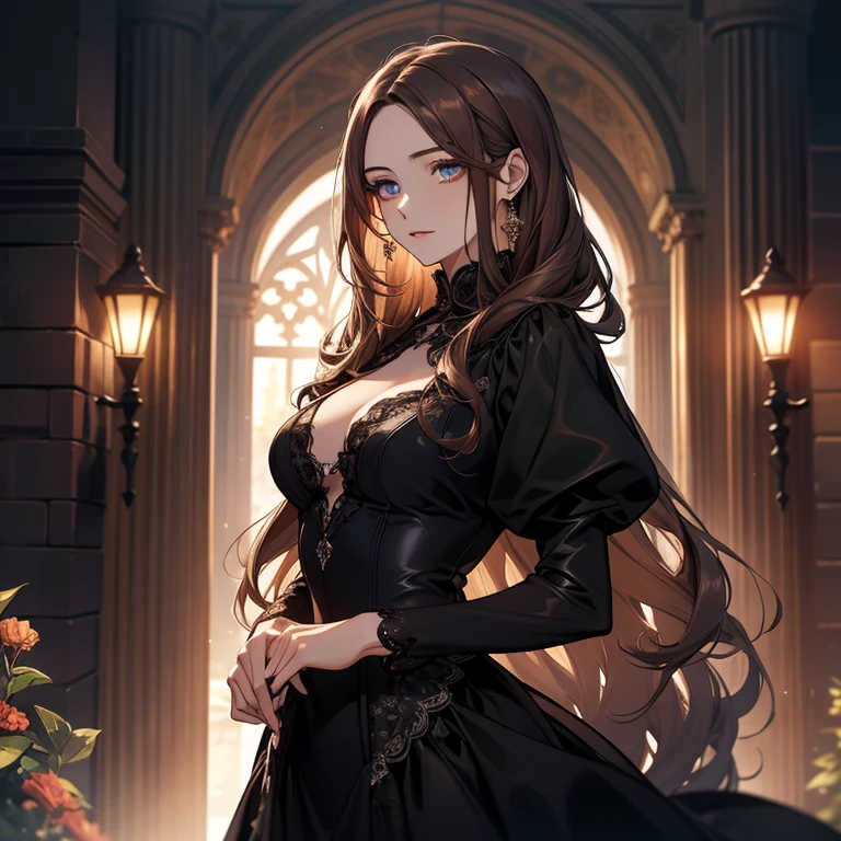 Masterpiece, high quality, best quality, HD, realistic, perfect lighting, detailed body, 1 woman, perfect eyes, long hair, brown tie Hair, glowing, black gown dress, morning garden background.