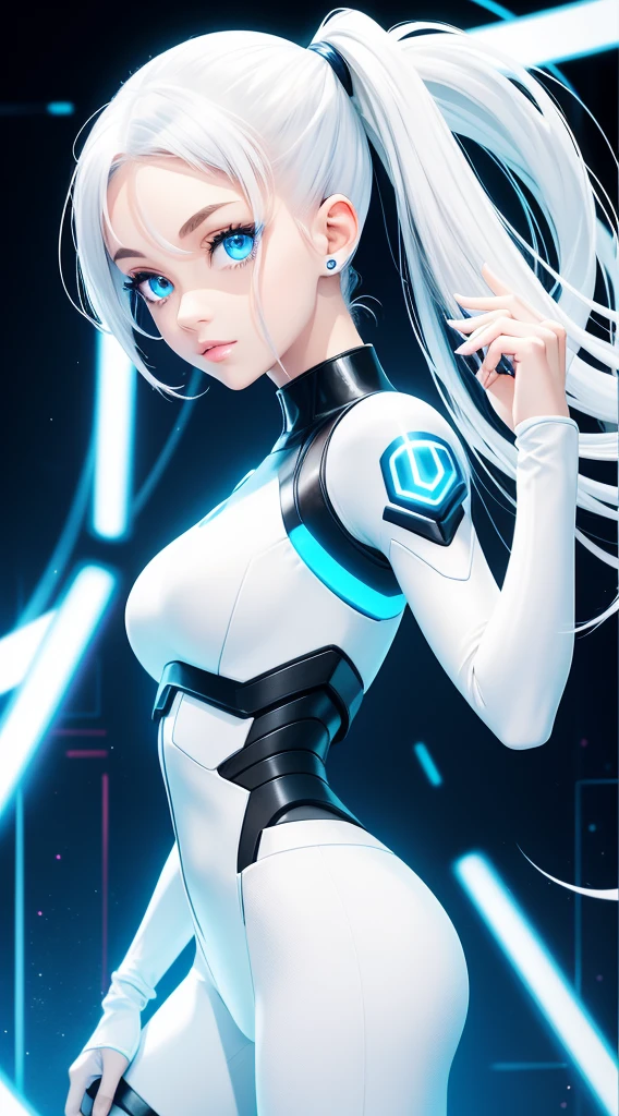 Full body internet girl with ponytail. Ariana Grande's face. Bright white indicates that she is a cyber girl with a white laser rifle. White eyebrows. Clothes like cat outfits. She also has bright blue eyes. The environment is similar to a terminator. The hair is platinum blonde. One side of her face was illuminated by bright blue. Like LEDs. And both hands also have LED lights.