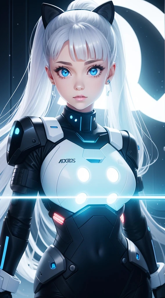Full body internet girl with ponytail. Ariana Grande's face. Bright white indicates that she is a cyber girl with a white laser rifle. White eyebrows. Clothes like cat outfits. She also has bright blue eyes. The environment is similar to a terminator. The hair is platinum blonde. One side of her face was illuminated by bright blue. Like LEDs. And both hands also have LED lights.