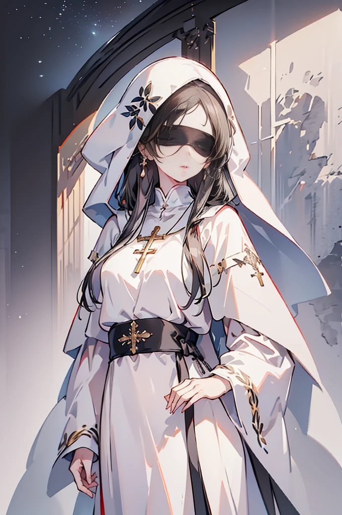 Old woman, (((white cloak, black embroidery))), wide waist, ((pale face)), Church, brunette, (((blindfold))), ((praying)), wearing cross necklace