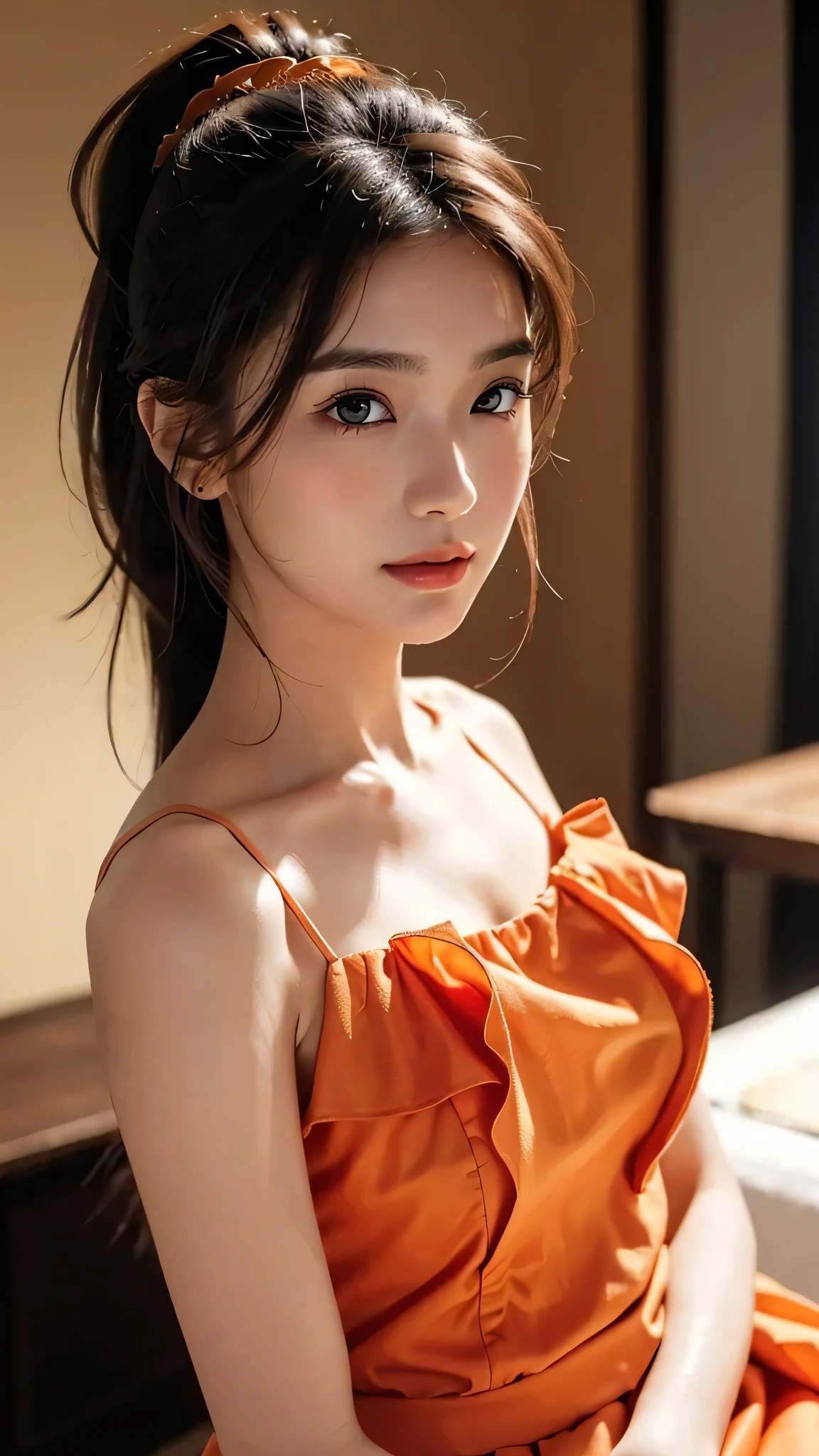 top-quality, masterpiece, 超A high resolution, (Realisticity: 1.4), OriginalPhotographs, 1girl in, Orange Off-Shoulder, Cinematic lighting、small tits、very small breasts、Slimed、A slender、Model body type、smil、outside of house、street、Light brown、Shaggy hair、gradation hair