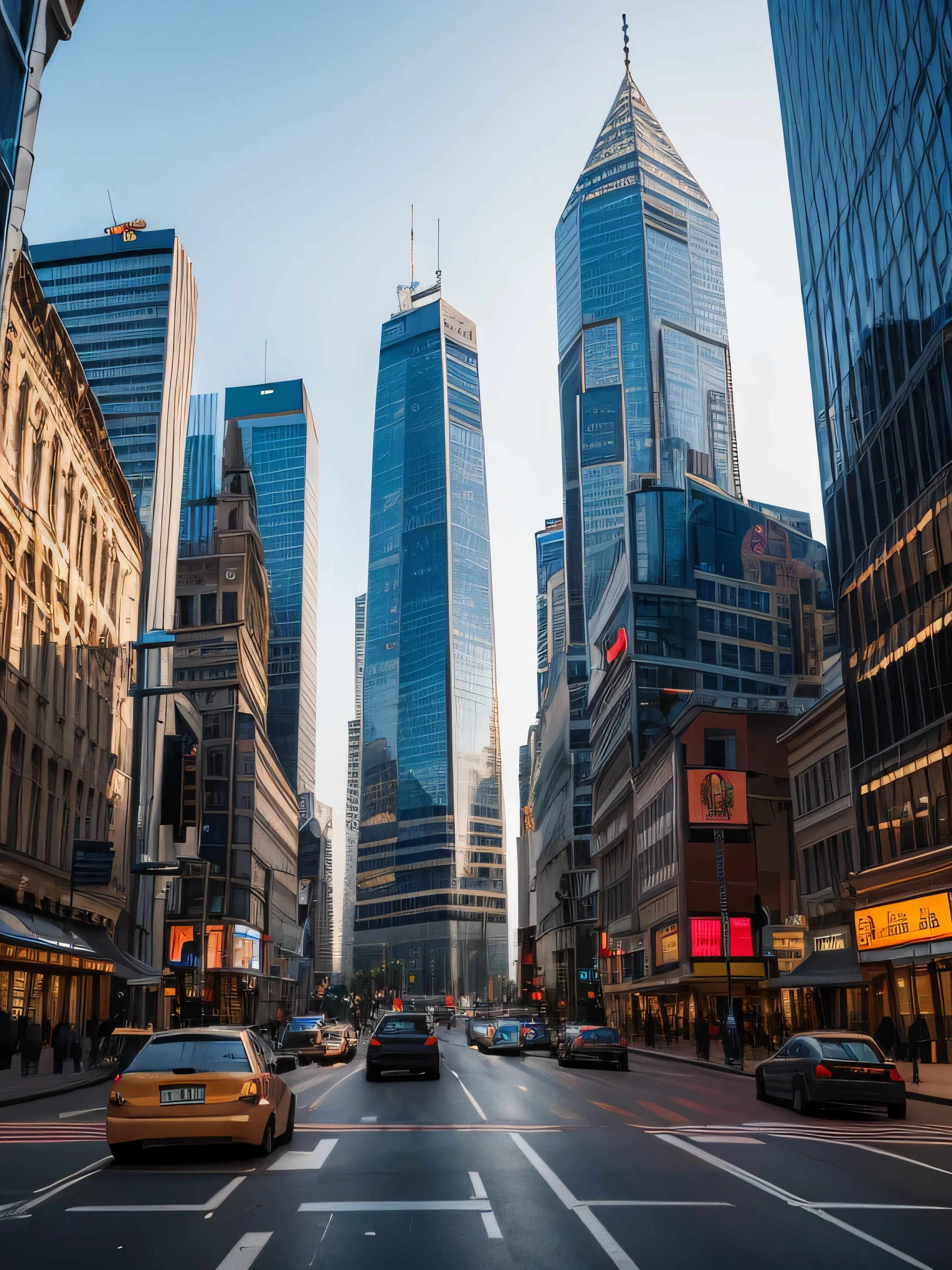 "Zeichne eine Szene, where two majestic skyscrapers flank the sides of a busy city street. The street is photographed, while the skyscrapers are drawn in detail. Let the atmosphere of the city come alive with its vibrant life and urban energy."