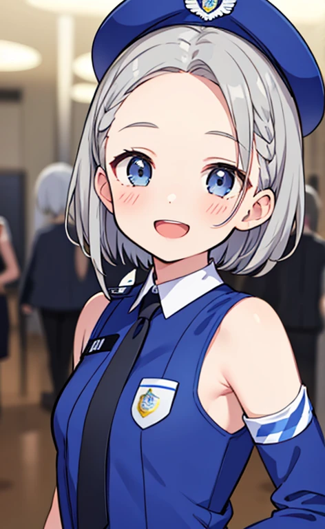 (masterpiece:1.4、top-quality、illustration:1.4,realistic、)、(character focus、breast focus,upper body:1.3)、(1girl),(Open mouth happy smile:1.3),(half closed eyes),cute face,blue eyes、()、
,(stand:1.4),(Shining smile),
,(slender),(policewoman:1.3),(grey short hair hair:1.6,forehead:1.3),(single braid:1.3), (small breasts:1.3)、
、slender、