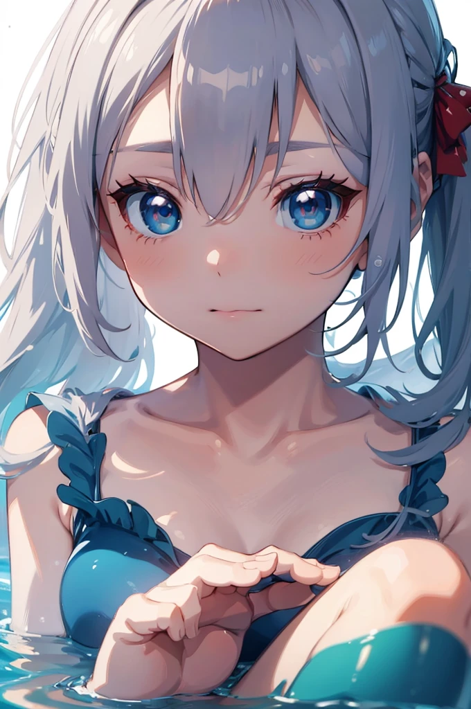 1girl,upper body,pov,face,light White hair,breasts,lblue eyes,(Navy Blue_swimsuit),Covered nipples,medium breasts,Impossible swimsuit,tight skin,shiny skin,masterpiece, best quality, very aesthetic, absurdres,front view,looking at viewer