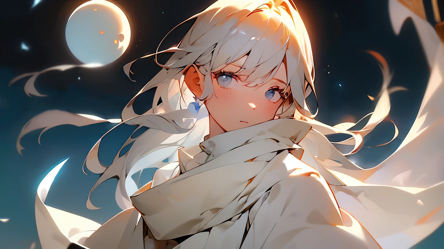 White cloth ghost Flying in the night sky A full moon filling the entire field of vision Shrine grounds Backlit by the moon The ghost's hair is brown One strand of hair is covering the entire face