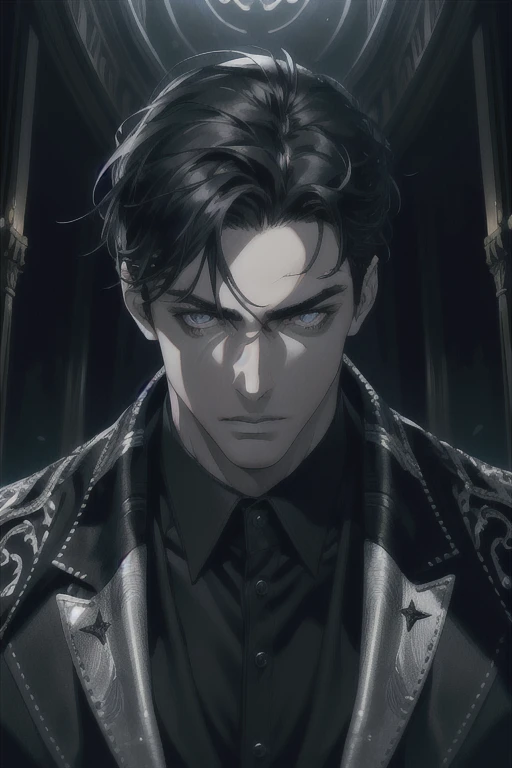 (absurdres, highres, ultra detailed), 1 male, adult, handsome, tall muscular guy, broad shoulders, finely detailed eyes and detailed face, fantasy, night, dark theme, cinematic lighting, portrait, light, facing front, staring at something, silver eyes, black shaggy hair, black suit and black gloves, serious face