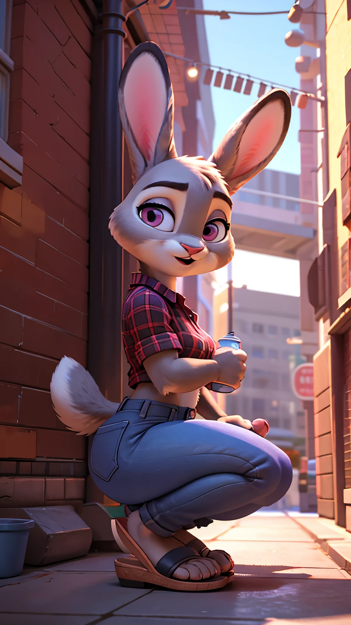 Furry female anthro, 8k, film, masterpiece quality, semi realistic, high detail, big ass, short skinny jeans, cropped plaid shirt, flip flops, judy hopps, 3d pixar style, on knees, blowjob on man's penis