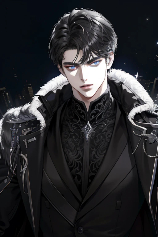 (absurdres, highres, ultra detailed), 1 male, adult, handsome, tall muscular guy, broad shoulders, finely detailed eyes and detailed face, fantasy, night, dark theme, cinematic lighting, portrait, light, facing front, staring at something, silver eyes, black shaggy hair, black suit and black gloves, serious face