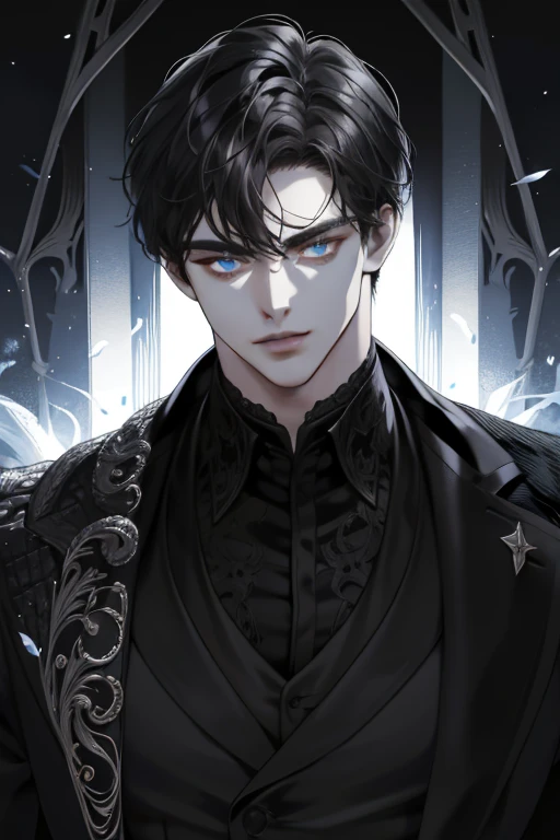 (absurdres, highres, ultra detailed), 1 male, adult, handsome, tall muscular guy, broad shoulders, finely detailed eyes and detailed face, fantasy, night, dark theme, cinematic lighting, portrait, light, facing front, staring at something, silver eyes, black shaggy hair, black suit and black gloves, serious face