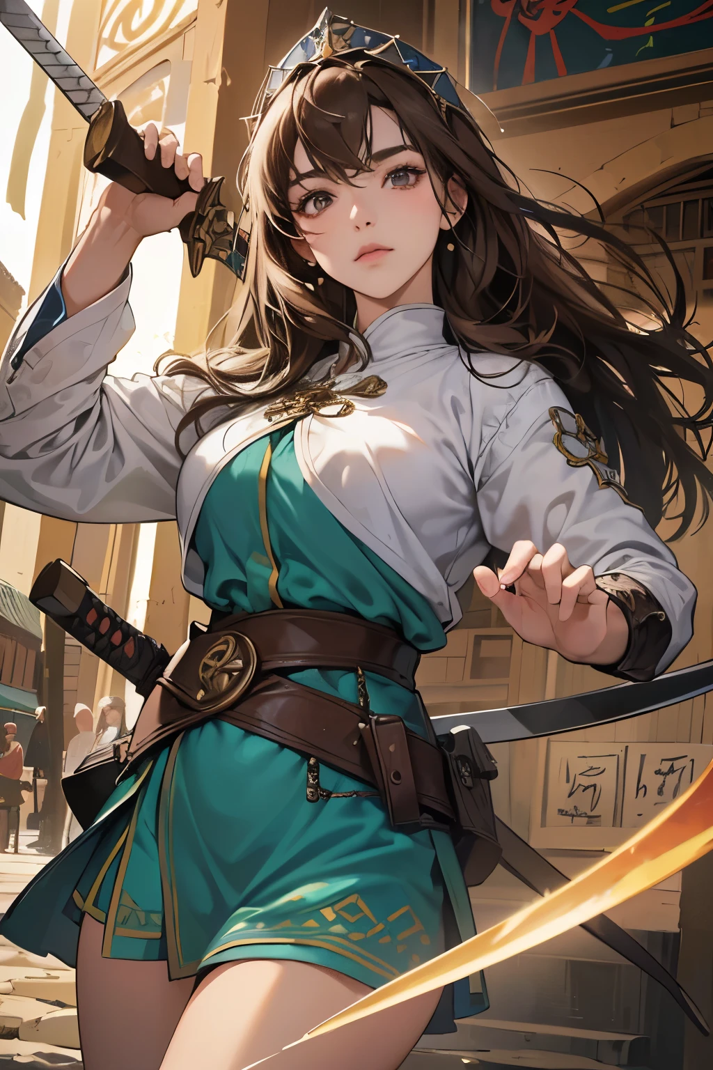 (absurdres, highres, ultra detailed),masterpiece,best quality,high resolution,8k,Realistic face,Realistic skin texture,magnified textures, stunning clarity,ultra detailed anime girl,(medieval central asia:1.3),action pose,dark brown hair,gape,have sword,look at viewer,cowboy shot,silkroad,oasis,(central asia market:1.2),serene pose
