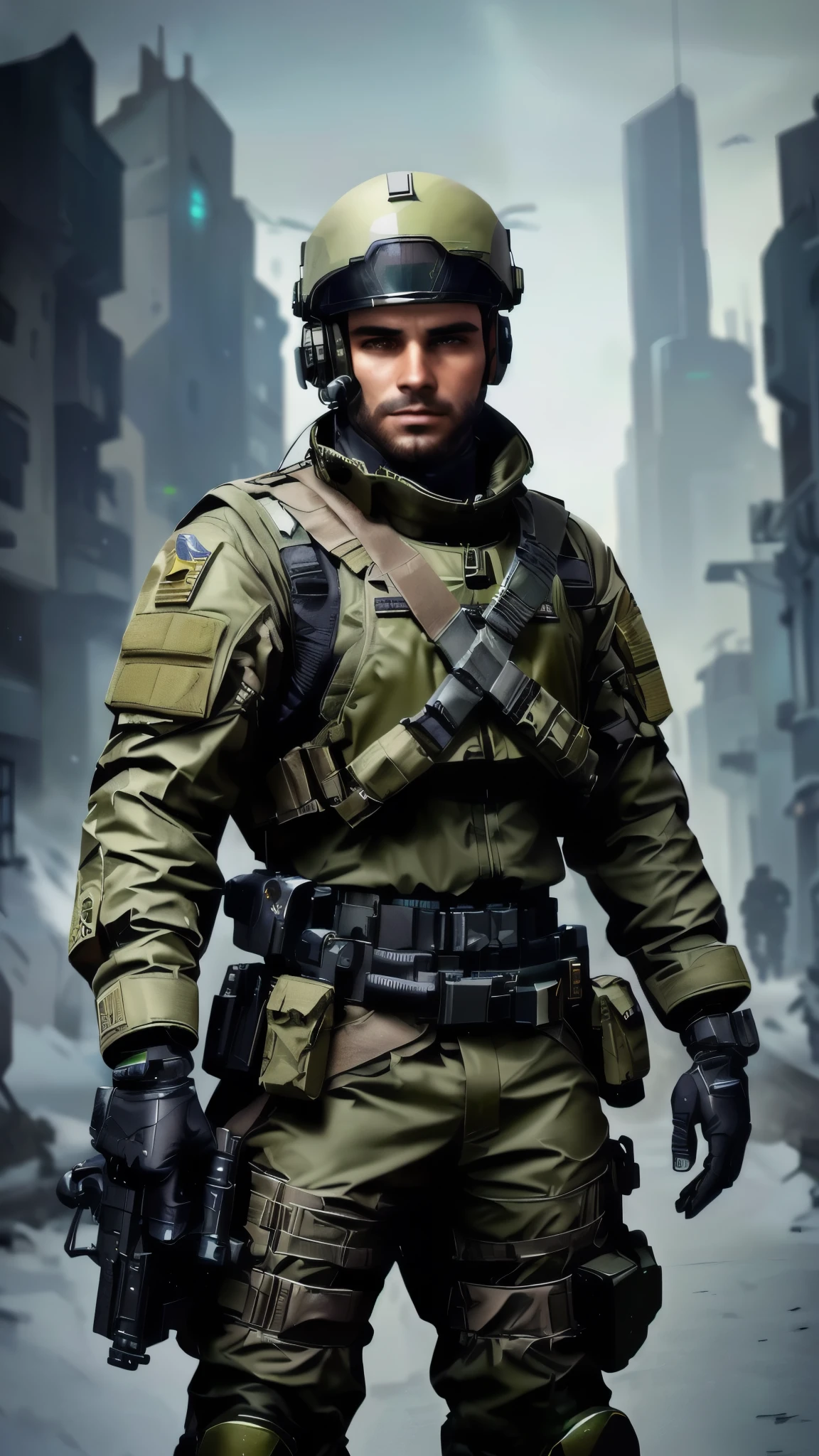 soldado arafed con uniforme verde parado en una ciudad, dressed in sci-fi military armor, soldado futurista, dressed in tactical armor, ropa del futuro soldado, ropa de soldado completa, science fiction soldier, traje de soldado, soldado ciberpunk, comandante militar cyborg masculino, soldado rudo, jefe maestro en la ciudad cyberpunk, wojtek fus, using tactical equipment, vistiendo traje militar