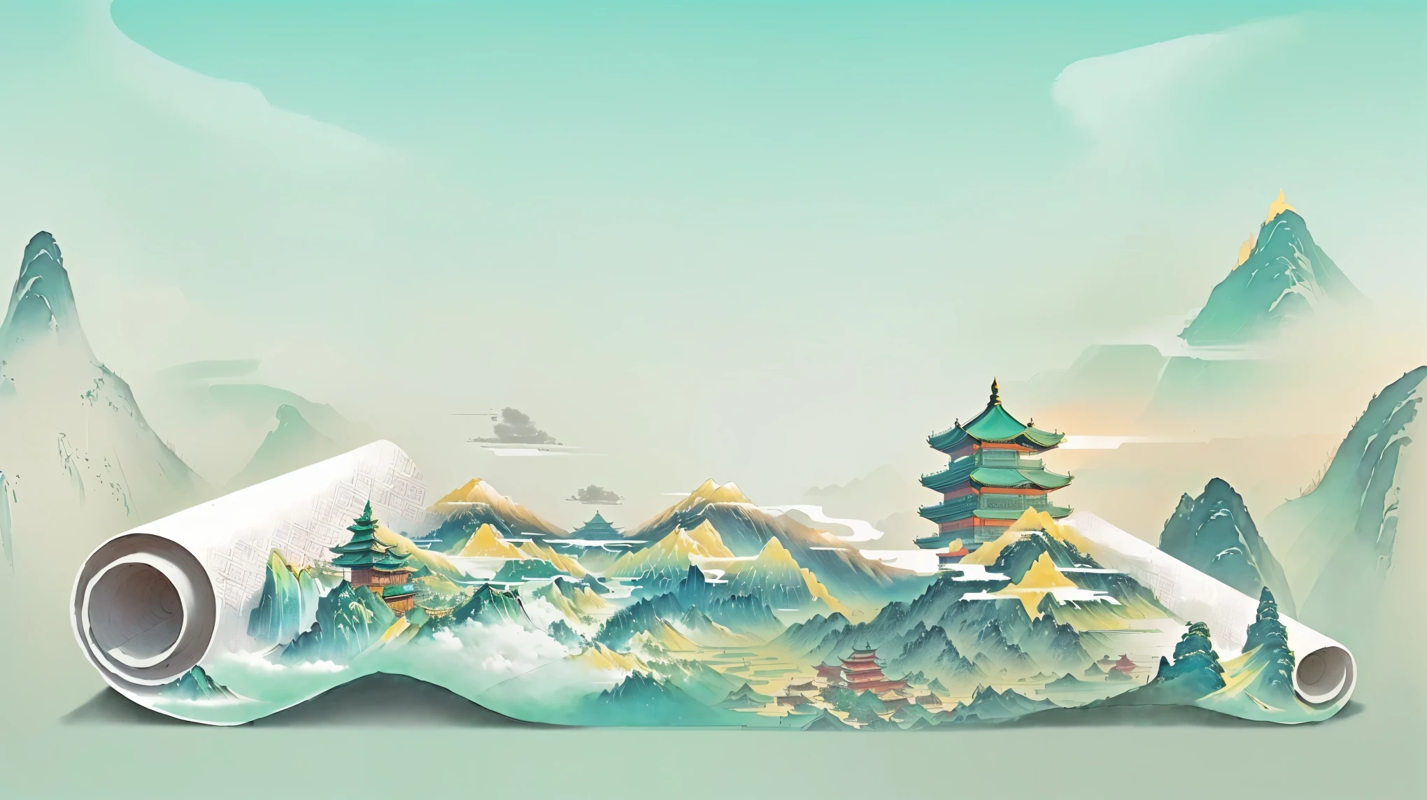 There is a roll of paper,There is a mountain and a pagoda painted on it., Detailed scenery —width 672, Chinese watercolor style, 4k hd illustration wallpaper, 4k hd wallpaper illustration, Chinese style, Chinese painting style, Oriental Wallpaper, A beautiful artistic illustration, Beautiful rendering of the Tang Dynasty, Chinese style景, Landscape Artwork, Wallpaper Art