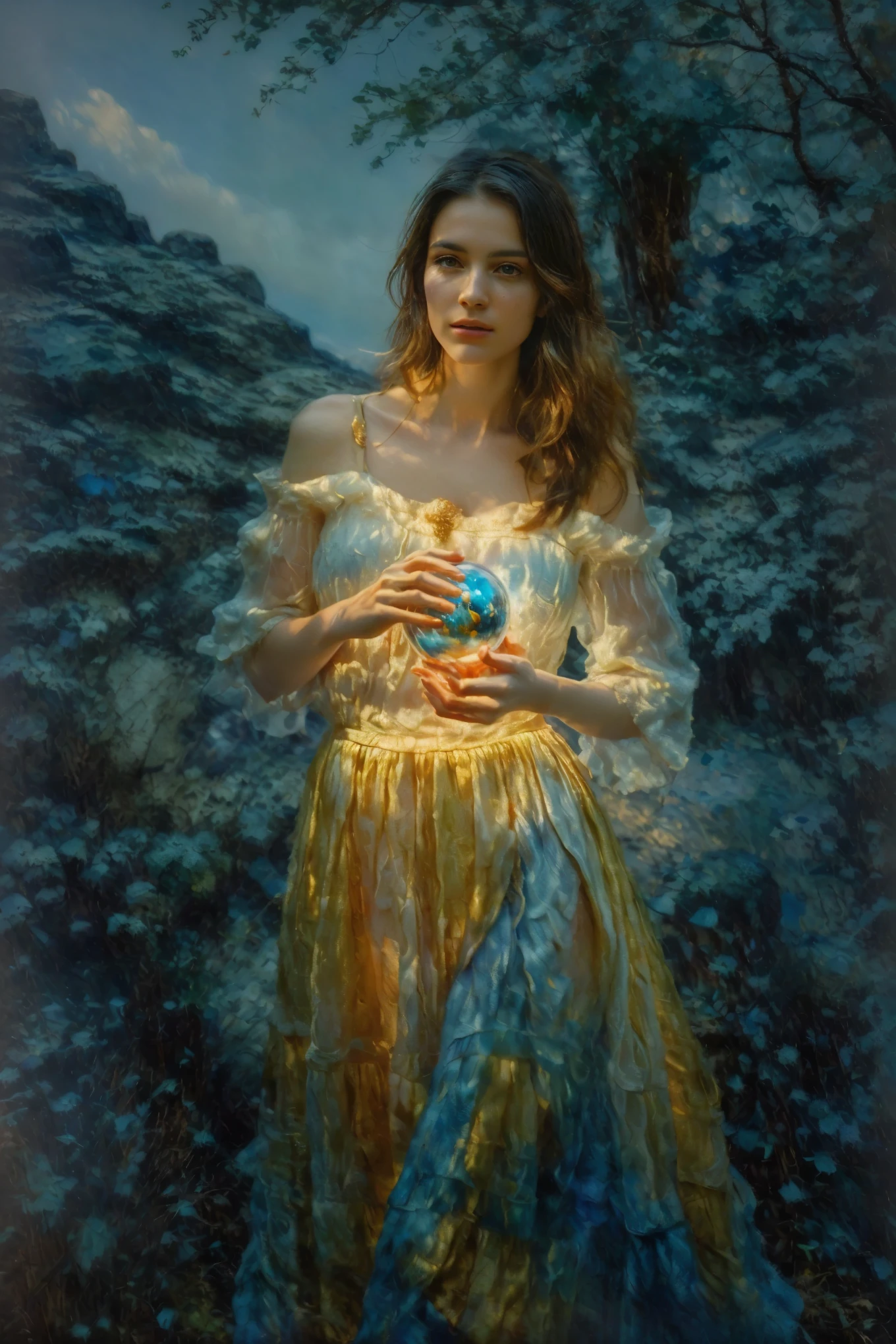 portrait of a sorceress ((with one glass magic ball 1,8)) on a mountain trail, rocks, trees, shrubs, 8k art photography, character portrait, composition, confident soft impressionist, perfect composition, delicate face, energetic strokes, facial details, fantastic face, framing, golden ratio, highly detailed digital painting, insanely detailed, complex, masterpiece, genuine leather, perfect composition, perfect face, photorealistic concept art, photorealistic, soft natural volumetric cinematic light, perfect staged visualization of characters, ultra-high quality model, ultra-high quality model