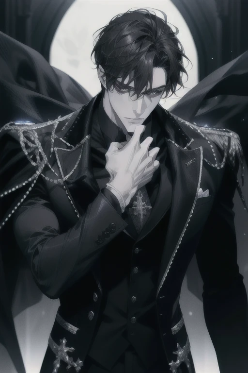 (absurdres, highres, ultra detailed), 1 male, adult, handsome, tall muscular guy, broad shoulders, finely detailed eyes and detailed face, fantasy, night, dark theme, cinematic lighting, portrait, light, facing front, staring at something, silver eyes, black shaggy hair, black suit and black gloves, serious face