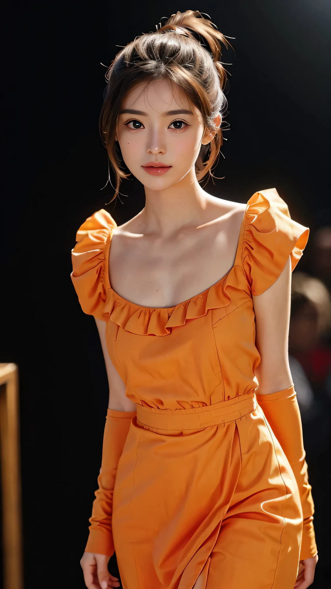 Spotlight on stage,close-up of face,One woman,fully body photo,masutepiece, The highest image quality, High quality, the background is clear,Beautiful woman, Japanese, Detailed, Detailed eyes, Detailed skin, Beautiful skin, 超hight resolution, (reality: 1.4),Very beautiful woman, Slightly younger face, Beautiful skin, slender, (Ultra photo realsisim), (hight resolution), (8K), (Very detailed) (beautifully detailed eyes), (super detailed), (Detailed face), view the viewer, Fine details, Detailed face, Staring straight ahead, Staring straight ahead, photos realistic, Bright lighting, Professional Lighting, Black hair,poneyTail,a ,sixteen ye: ponytail,Long ponytail hairstyle,slight smile,Orange colored long dress with lots of ruffles, softly shaped skirt,