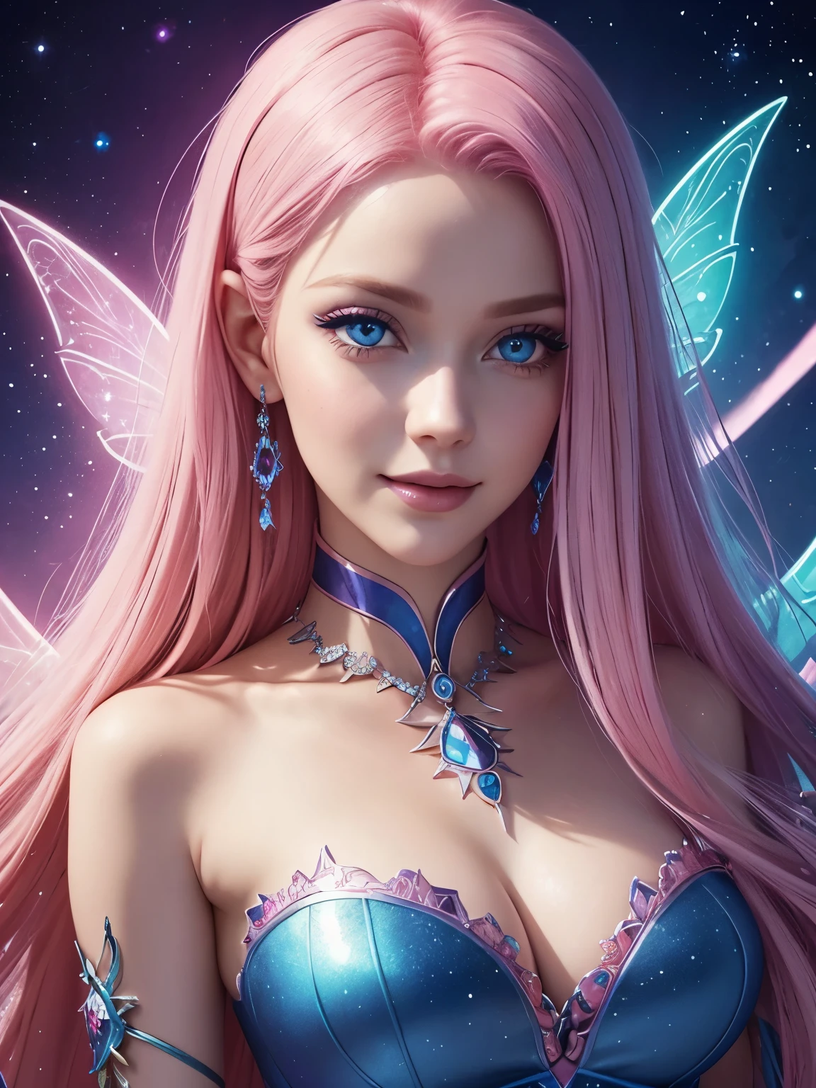 Portrait, beautiful fairy with pink hair, up close staring deep into your eyes with her mesmerizing blue eyes, seductively casting a spell on you, hourglass figure, symmetrical figure, highly detailed face, beautiful face, lush lips, smiling, alluring, stunning digital illustration, 8k cosmic elements and ethereal atmosphere