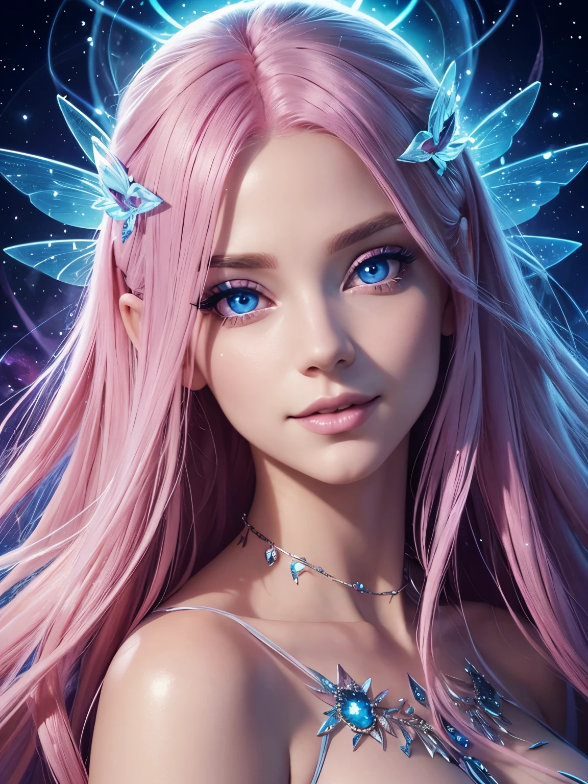 Portrait, beautiful fairy with pink hair, up close staring deep into your eyes with her mesmerizing blue eyes, seductively casting a spell on you, hourglass figure, symmetrical figure, highly detailed face, beautiful face, lush lips, smiling, alluring, stunning digital illustration, 8k cosmic elements and ethereal atmosphere