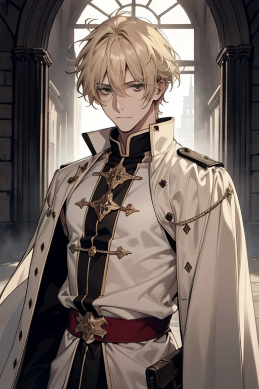 1 Male, AS-Adult, Messy blonde hair and bangs, prinz, white  clothes, Handsome, dispassionate, The beautiful, Condescending, slimification, in a castle, Medieval fantasy