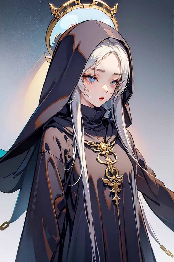 1mysterious girl, Wearing a hood、Wearing a black blindfold that covers your eyes, wearing the clothes of a Dark priestest, Her long white hair is loose、Her body was bound by divine chains.