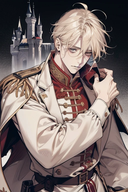 1 Male, AS-Adult, Messy blonde hair and bangs, prinz, white  clothes, Handsome, dispassionate, The beautiful, Condescending, slimification, in a castle, Medieval fantasy