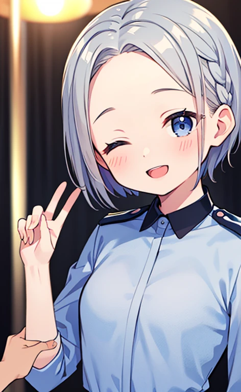 (masterpiece:1.4、top-quality、illustration:1.4,realistic、)、(character focus、breast focus,upper body:1.3)、(1girl),(Open mouth happy smile:1.3),(half closed eyes),cute face,blue eyes、()、
,(stand:1.4),(Shining smile),
,(slender),(policewoman:1.3),(grey short hair hair:1.6,forehead:1.3),(braid:1.3), (small breasts:1.3)、
、slender、